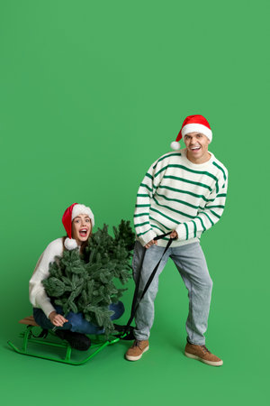 Beautiful young couple in Santa hats with Christmas tree and sled on green backgroundの写真素材