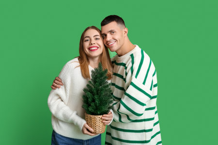 Beautiful young couple with Christmas tree on green backgroundの写真素材