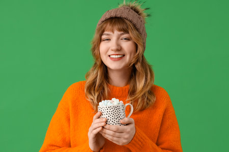 Pretty young woman holding cup of hot chocolate with marshmallows on green backgroundの写真素材