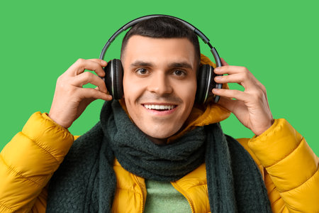 Young man in yellow stylish puffer jacket and headphones on green backgroundの写真素材