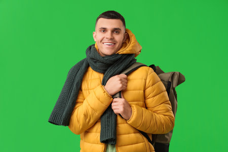 Young man in yellow stylish puffer jacket and scarf with bag on green backgroundの写真素材
