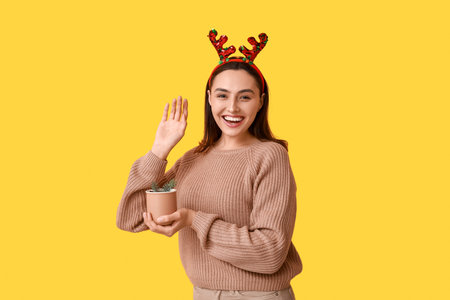 Happy young woman in reindeer horns with cup of hot mulled wine on yellow backgroundの写真素材