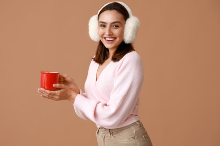 Happy young woman with cup of hot mulled wine on brown backgroundの写真素材