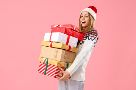 Young woman in Santa hat with Christmas presents on pink backgroundの写真素材