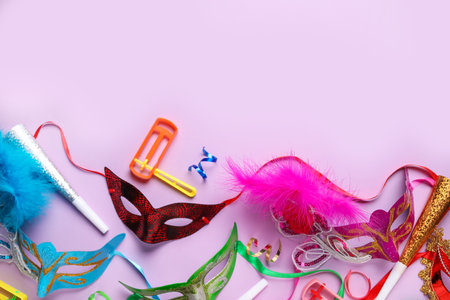 Carnival masks with decor on lilac backgroundの写真素材