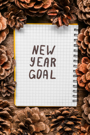 Notebook with text NEW YEAR GOAL and pine cones on wooden backgroundの写真素材