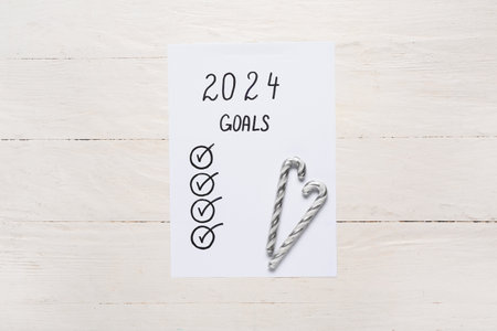 Paper sheet with empty to do list and candy canes on white wooden backgroundの写真素材