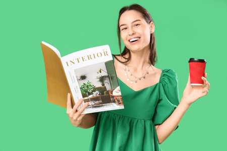 Young woman with interior magazine and coffee cup on green backgroundの写真素材