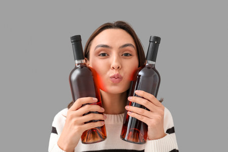 Beautiful young woman with bottles of wine blowing kiss on gray backgroundの写真素材