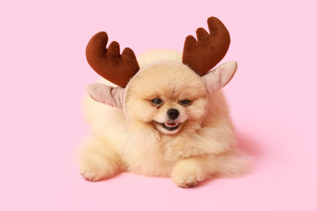Cute Pomeranian dog in reindeer horns on pink backgroundの写真素材