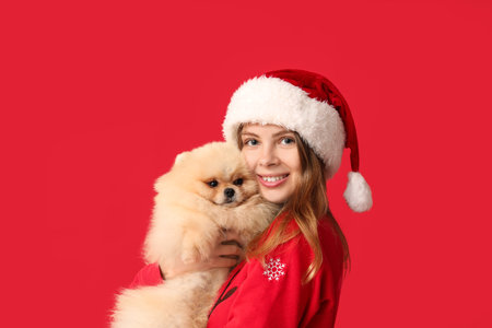 Young woman in Santa hat with cute Pomeranian dog on red backgroundの写真素材