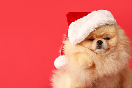 Cute Pomeranian dog in Santa hat on red backgroundの写真素材