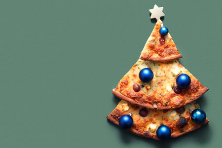 Delicious pizza slices with Christmas toys on green background