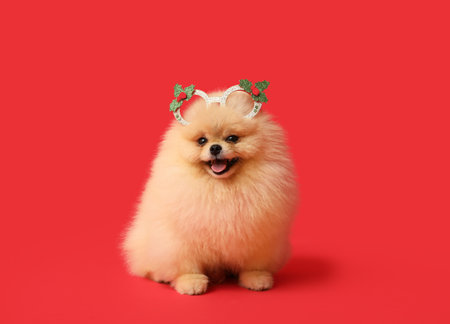 Cute Pomeranian dog in decorative eyeglasses celebrating Christmas on red backgroundの写真素材