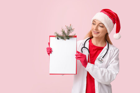 Mature female doctor in Santa hat with clipboard and fir branch on pink backgroundの写真素材