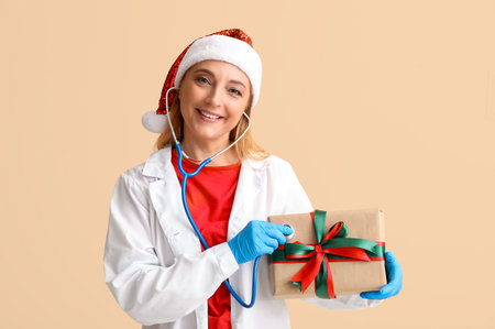 Mature female doctor in Santa hat with Christmas gift box on beige backgroundの写真素材