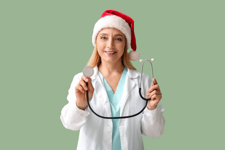 Mature female doctor in Santa hat with stethoscope on green backgroundの写真素材