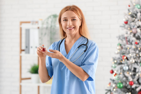 Mature female doctor with ampule and stethoscope in clinicの写真素材