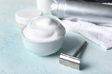 Set of shaving accessories on grunge blue backgroundの写真素材