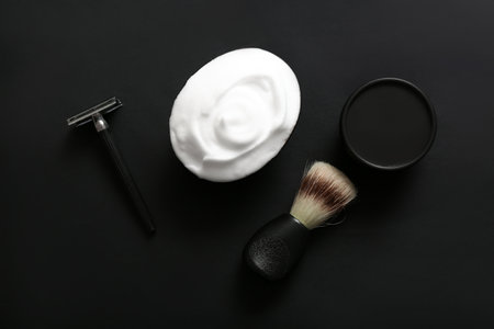 Set of shaving accessories on black backgroundの写真素材