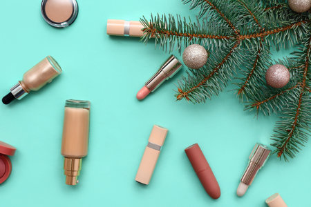 Different decorative cosmetics with Christmas tree branches and balls on turquoise backgroundの写真素材
