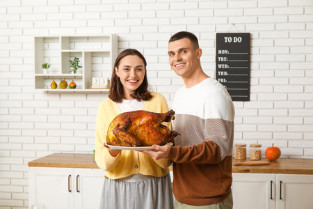 Young couple with turkey in kitchen on Thanksgiving Dayの写真素材