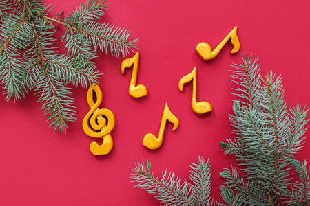 Music notes with fir twigs on red backgroundの写真素材
