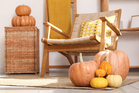 Interior of living room with armchair and pumpkins on floor, closeupの写真素材