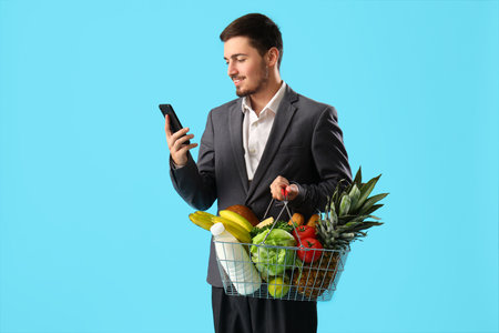 Young man with shopping basket and mobile phone on blue backgroundの写真素材