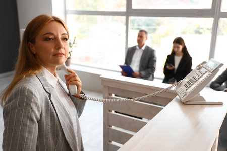 Mature businesswoman talking by telephone at reception in office hallの写真素材
