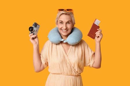 Mature woman with photo camera and passport on yellow background. Travel conceptの写真素材