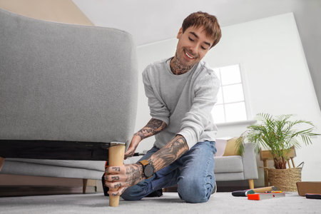 Young man assembling armchair at homeの写真素材