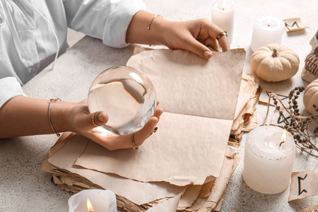 Witch with crystal ball and spell book on light grunge background, closeup