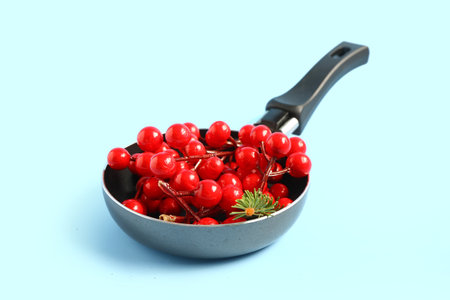 Frying pan with decorative viburnum berries on color backgroundの写真素材