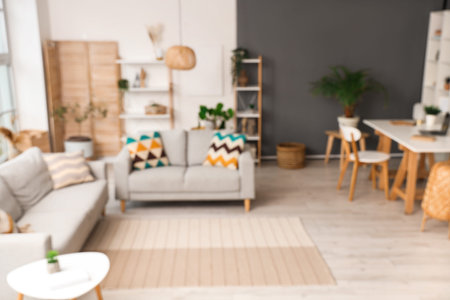 Blurred view of living room with sofas and plants
