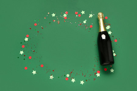 Frame made of champagne bottle with confetti on green backgroundの写真素材