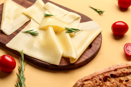 Board with tasty cheese slices, rosemary and tomatoes on beige background, closeupの写真素材