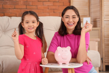 Little girl with her mother putting coins into piggy bank at homeの写真素材