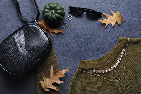 Frame made of stylish female accessories, clothes and autumn decor on dark backgroundの写真素材