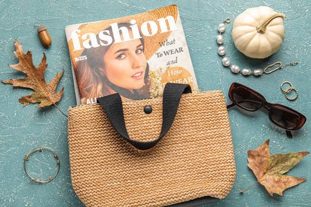 Composition with stylish female handbag, accessories and magazine on color backgroundの写真素材
