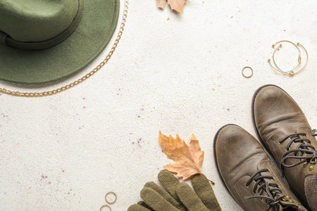 Composition with stylish female shoes and accessories on light backgroundの写真素材