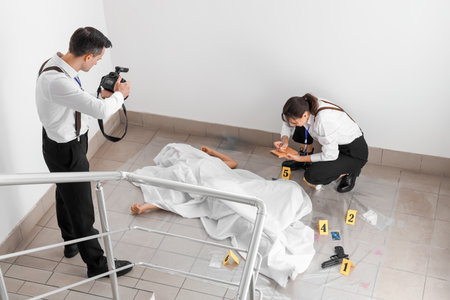 FBI agents working at crime scene with dead bodyの写真素材