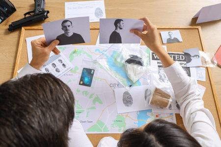 FBI agents with pictures of suspects investigating case in office, top viewの写真素材