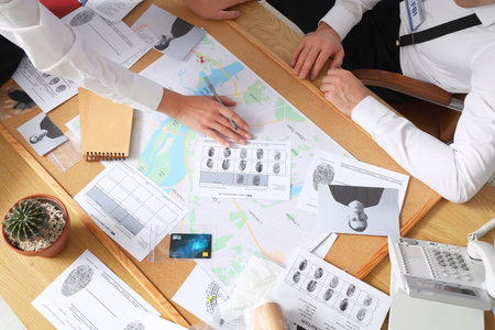 FBI agents investigating case in office, top viewの写真素材