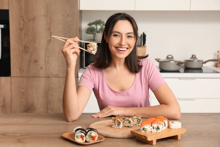Happy young woman eating tasty sushi rolls in kitchenの写真素材