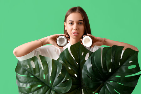 Beautiful young woman with coconut and palm leaves on green backgroundの写真素材