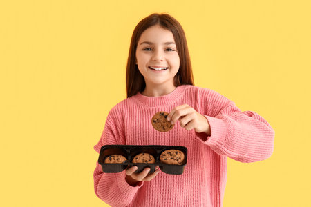 Little girl holding plastic container with sweet chocolate cookies on yellow backgroundの写真素材