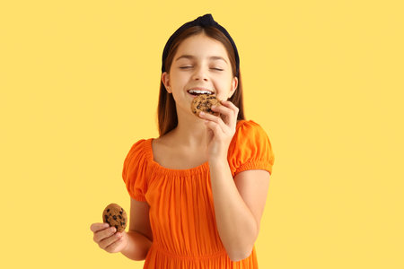 Little girl eating sweet chocolate cookie on yellow backgroundの写真素材