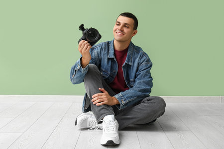 Male photographer with modern camera sitting near green wall in studio