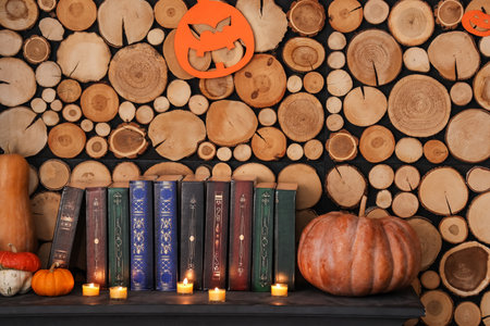 Mantelpiece with books, Halloween pumpkins and burning candles near wooden wallの写真素材